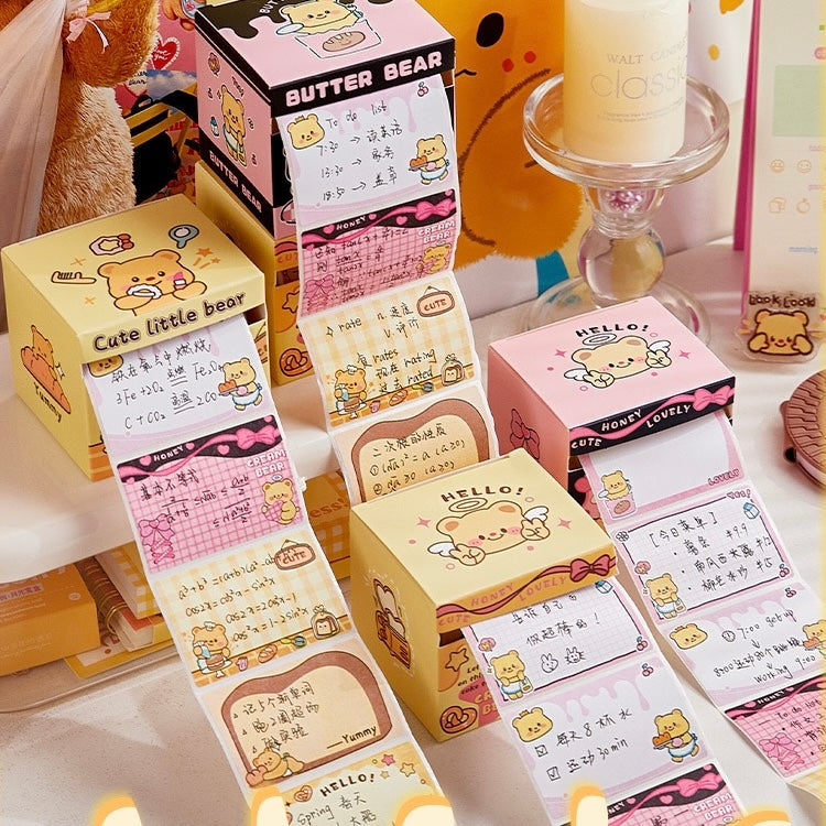 128 pcs/Set Butter Bear Sticky Full Adhesive Notes Roll Tape with Pull Out Dispenser Box