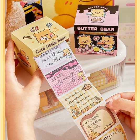 128 pcs/Set Butter Bear Sticky Full Adhesive Notes Roll Tape with Pull Out Dispenser Box
